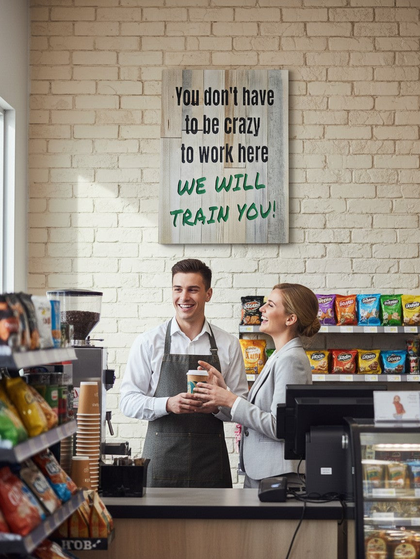 TK Wood Designs rustic wood sign with black text reading "You don't have to be crazy to work here" and green text reading "WE WILL TRAIN YOU!"