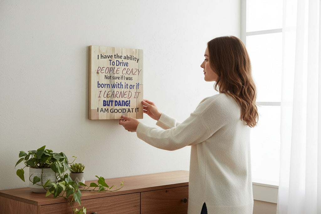 TK Wood Designs wooden sign with text "I have the ability To Drive PEOPLE CRAZY Not sure if I was born with it or if I LEARNED IT BUT DANG! I AM GOOD AT IT"