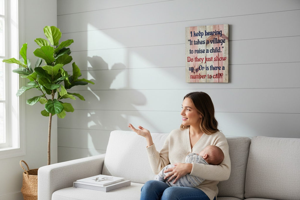 TK Wood Designs rustic wooden wall sign with a funny parenting quote hanging above a mother holding her baby.