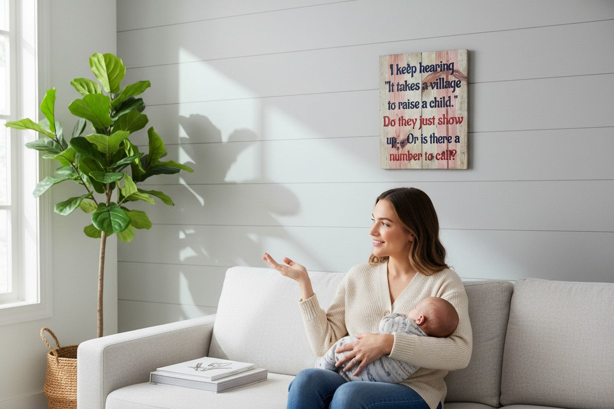 TK Wood Designs rustic wooden wall sign with a funny parenting quote hanging above a mother holding her baby.