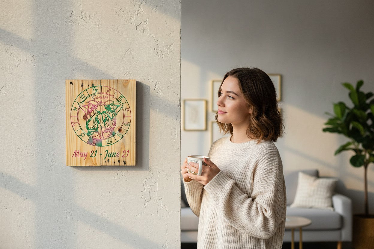 TK Wood Designs Gemini zodiac wooden wall art with colorful twin illustration hanging on a white wall near a woman.