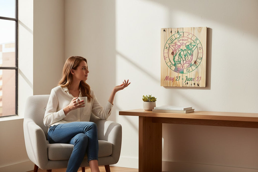 TK Wood Designs Gemini zodiac wall art featuring colorful twins and astrology wheel on natural wood in a modern room.