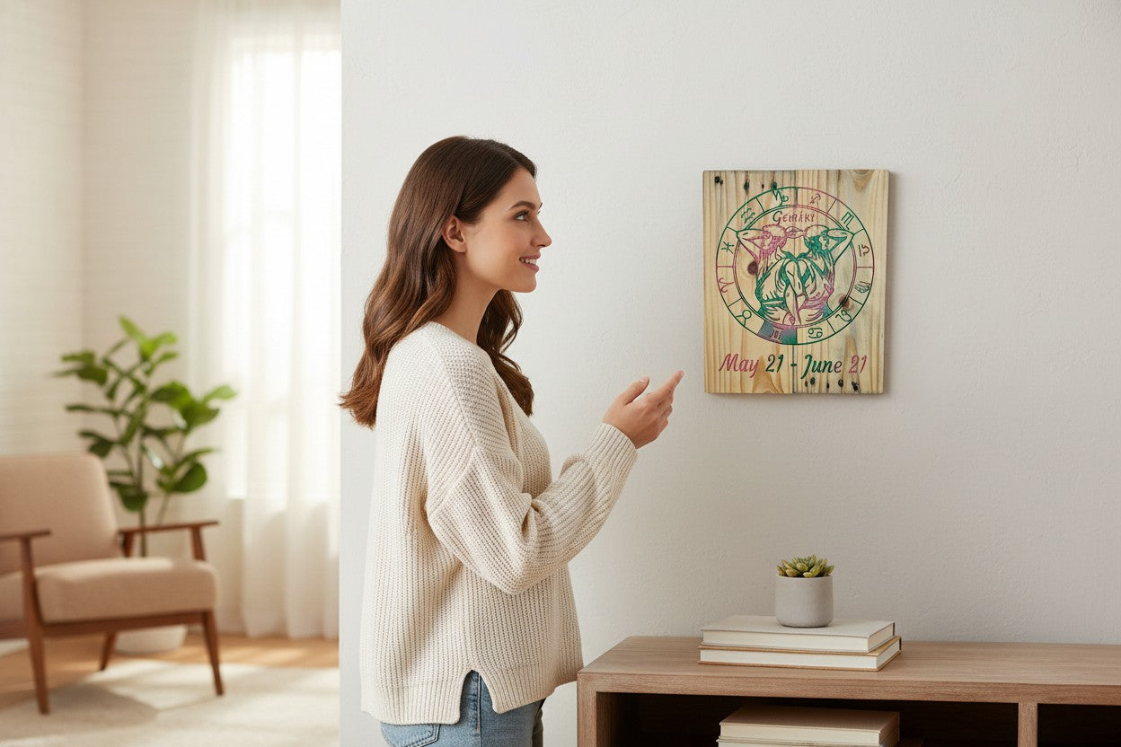 Woman admiring a TK Wood Designs Gemini zodiac wooden wall art piece featuring the twins and zodiac wheel.