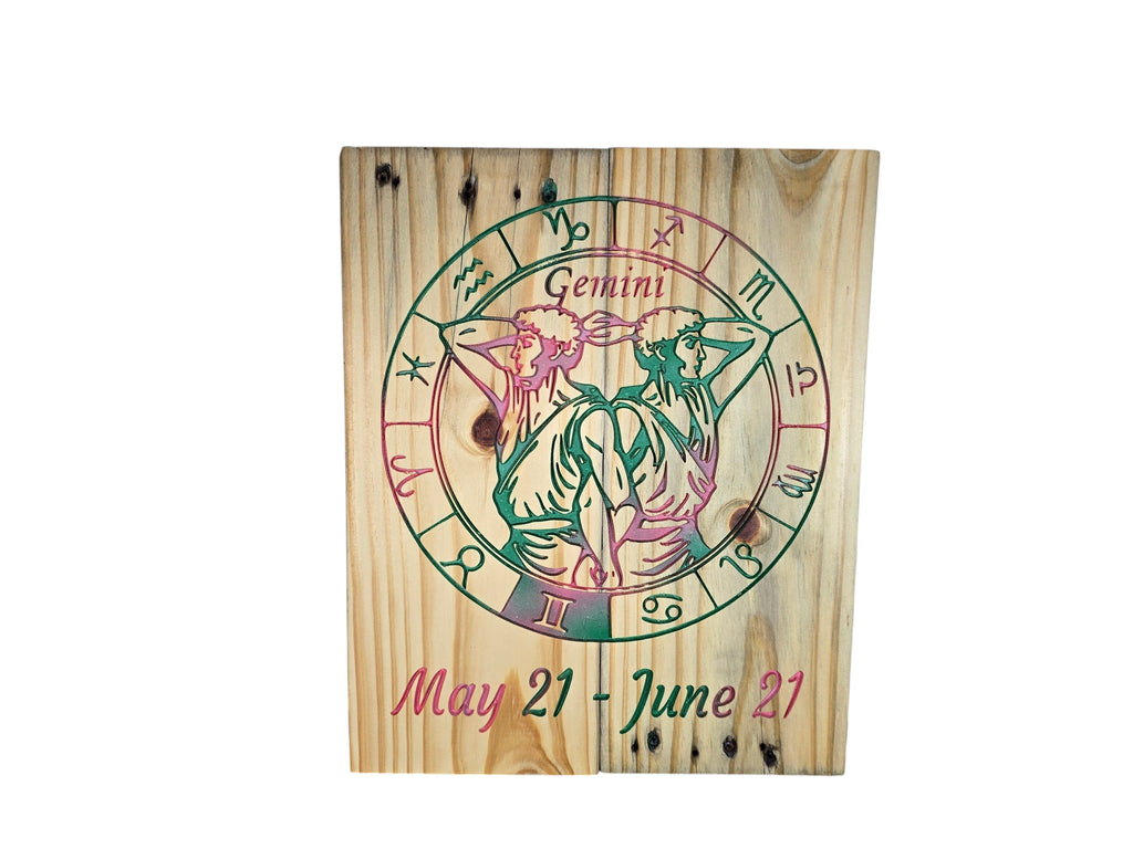 TK Wood Designs Gemini zodiac wall art featuring the twins and zodiac wheel in vibrant colors on natural rustic wood.