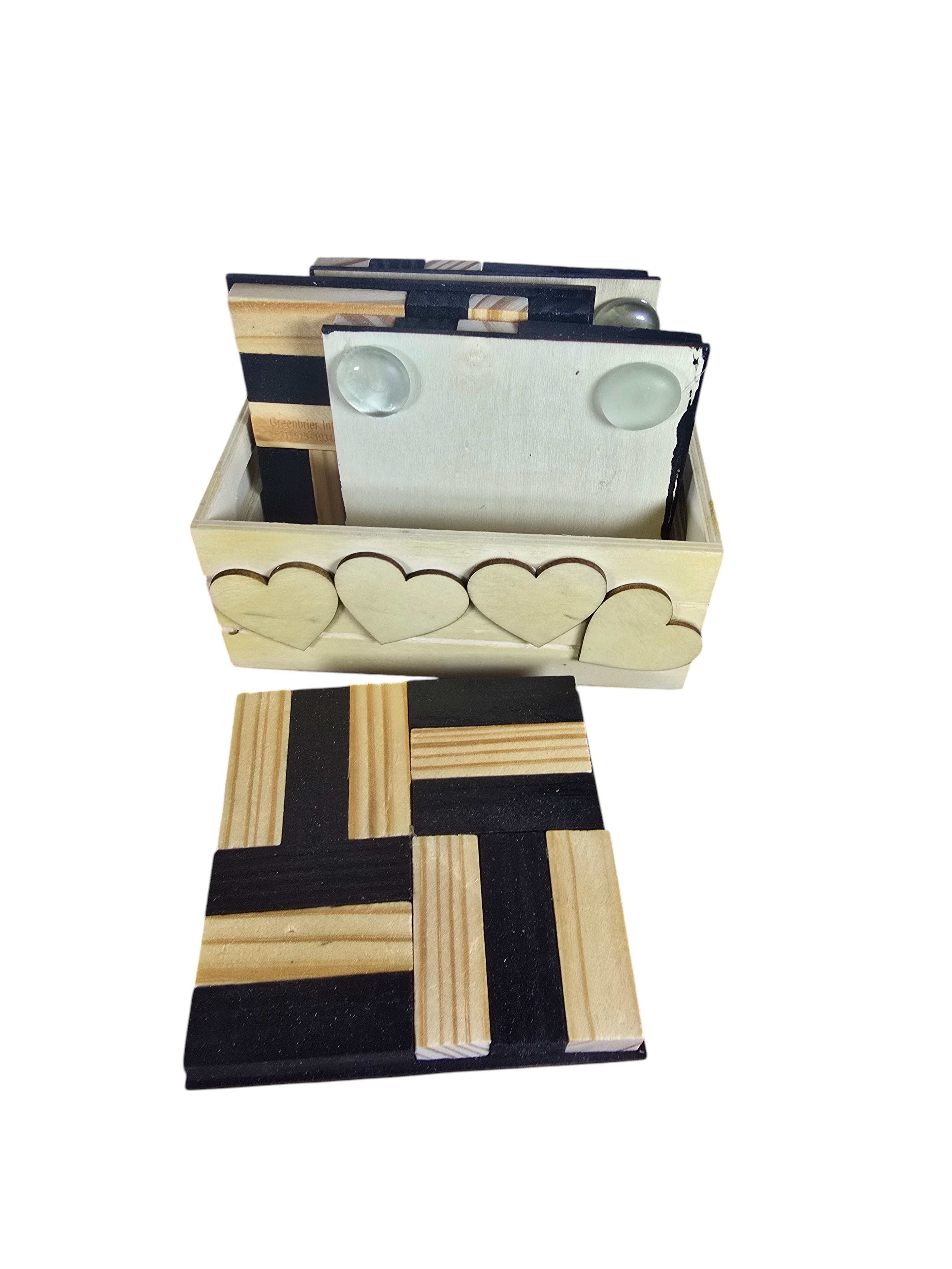 TK Wood Designs handcrafted wooden coaster set with geometric black and natural wood pattern and heart-cutout storage box