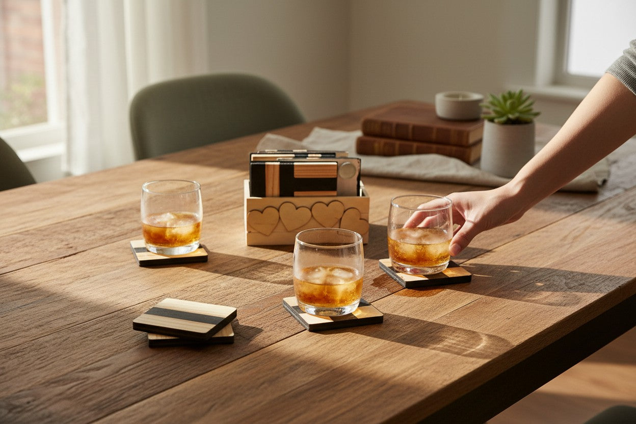 TK Wood Designs handcrafted wooden coasters with black geometric patterns and a heart-cutout storage box on a table.