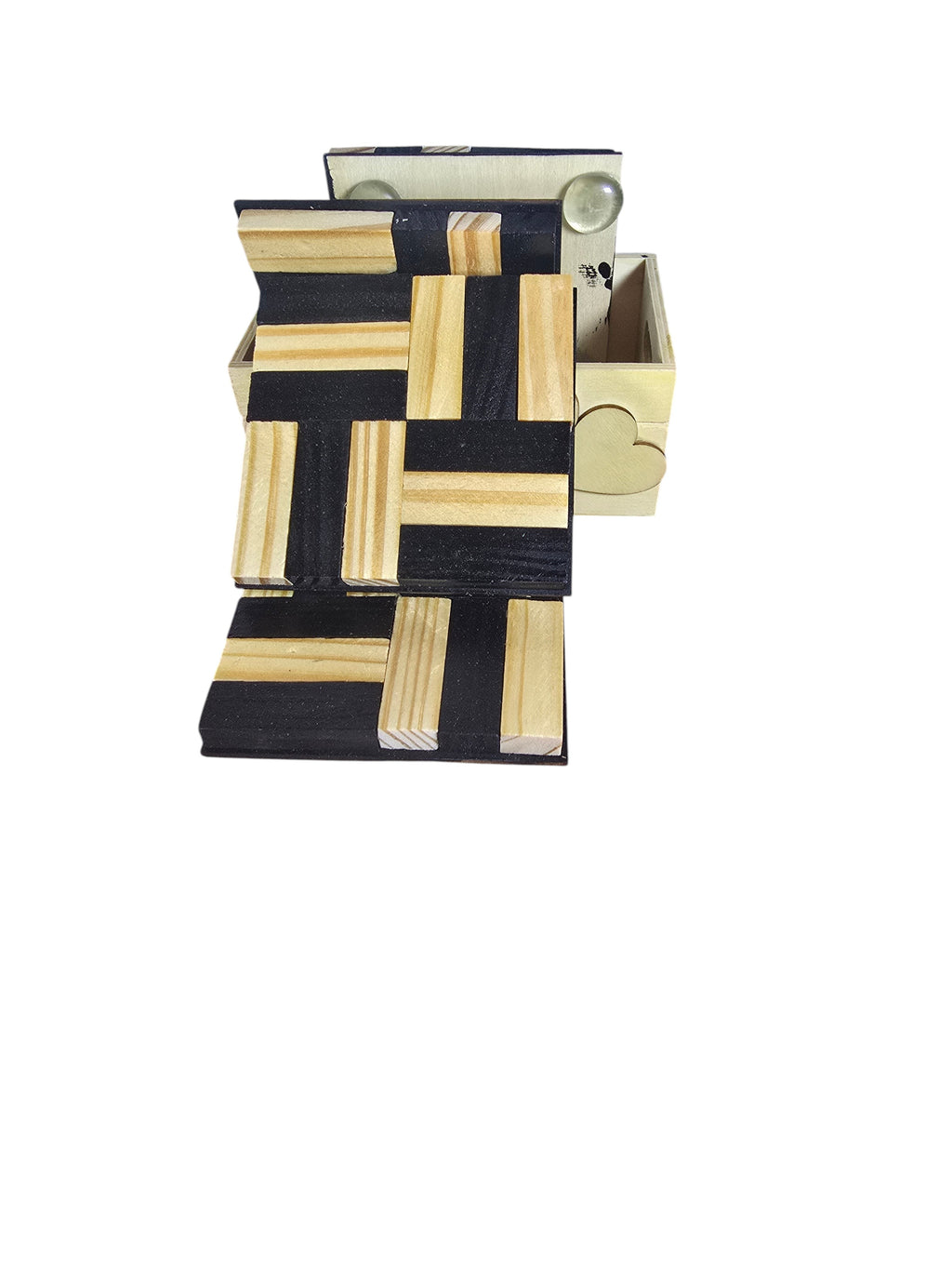 TK Wood Designs handcrafted wooden coaster set with black and natural geometric patterns and heart-cutout storage box