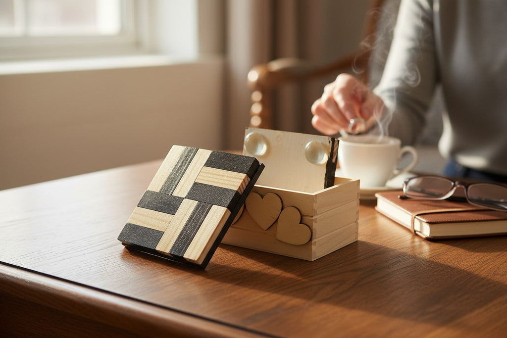 TK Wood Designs handcrafted wooden coaster set with geometric black and natural wood pattern and heart-cutout storage box
