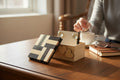 TK Wood Designs handcrafted wooden coaster set with geometric black and natural wood pattern and heart-cutout storage box