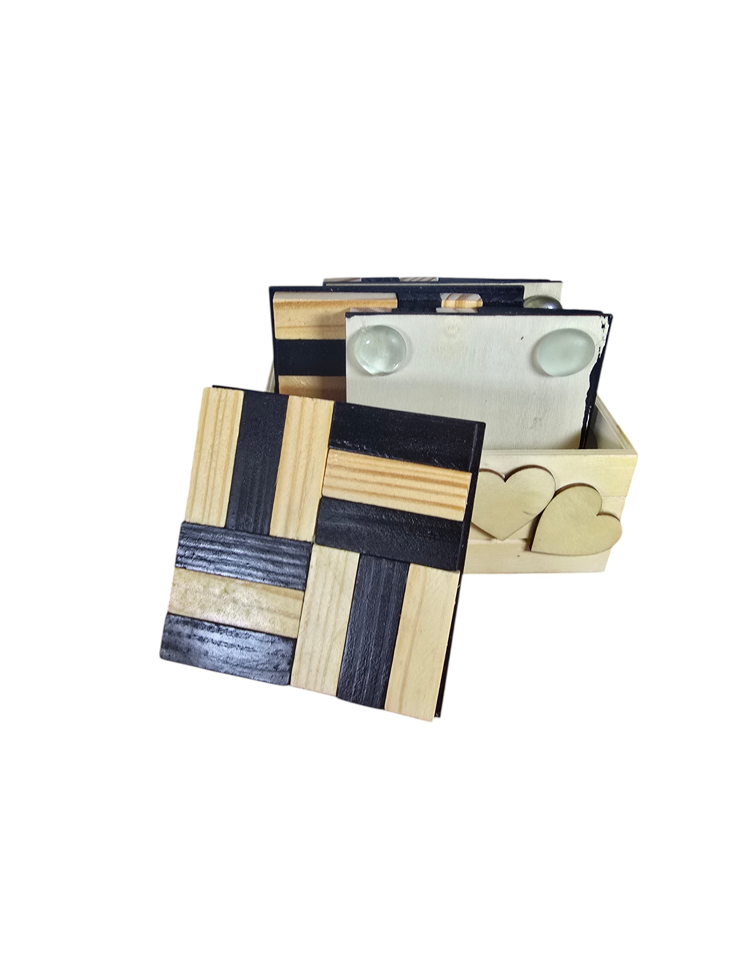 TK Wood Designs handcrafted wooden coaster set with black and natural geometric patterns in a heart-cutout storage box.