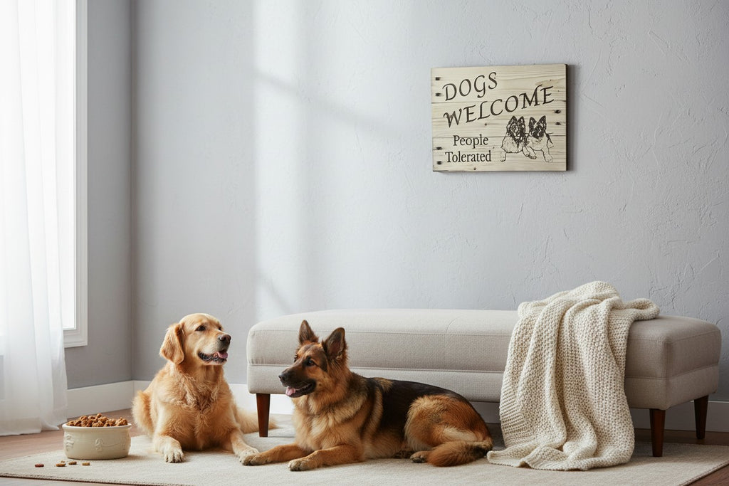 TK Wood Designs wooden sign with "Dogs Welcome People Tolerated" text and two German Shepherd dog illustrations.