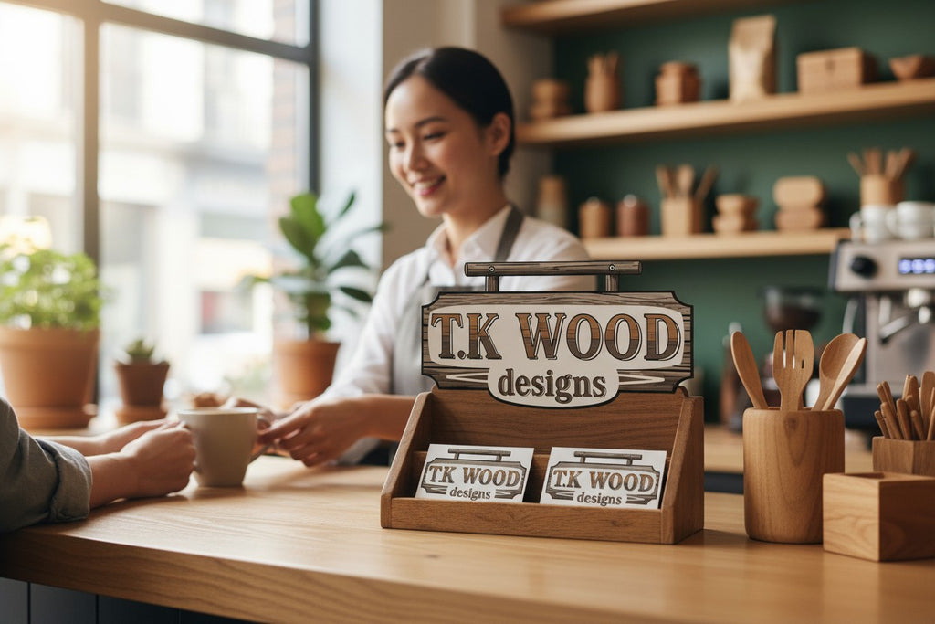 TK Wood Designs gift card, featuring a rustic wooden sign logo with the text "T.K WOOD designs".