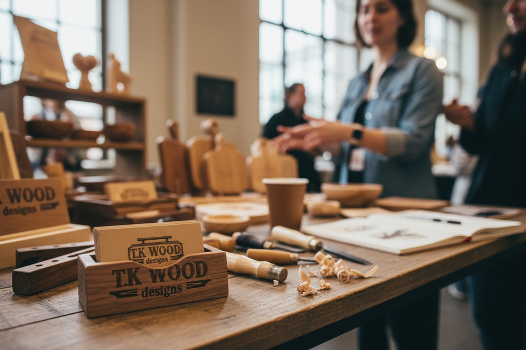 TK Wood Designs gift card, featuring a rustic wooden sign logo with the text "T.K WOOD designs".
