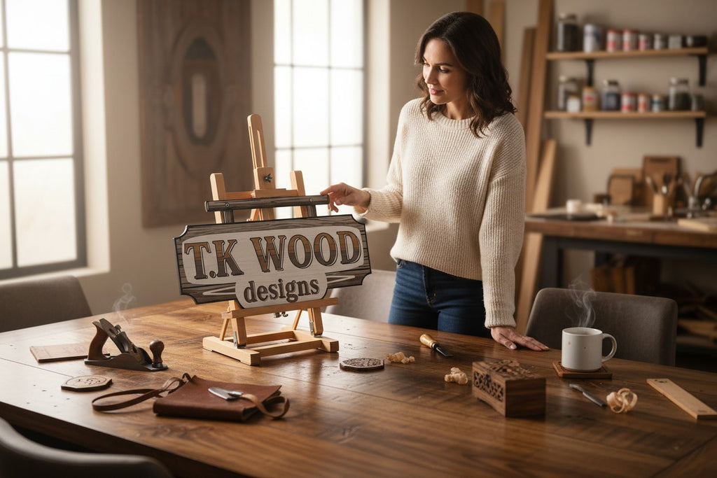 TK Wood Designs gift card, featuring a rustic wooden sign logo with the text "T.K WOOD designs".