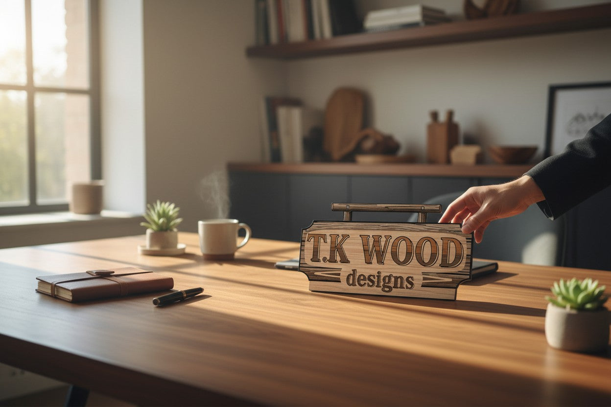 TK Wood Designs gift card featuring a wooden sign logo with the text "T.K WOOD designs".