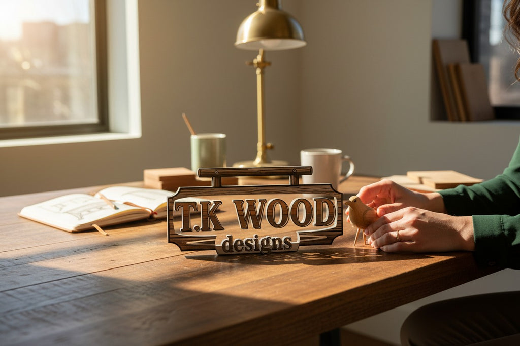 TK Wood Designs gift card featuring a wooden sign logo with the text "T.K WOOD designs".