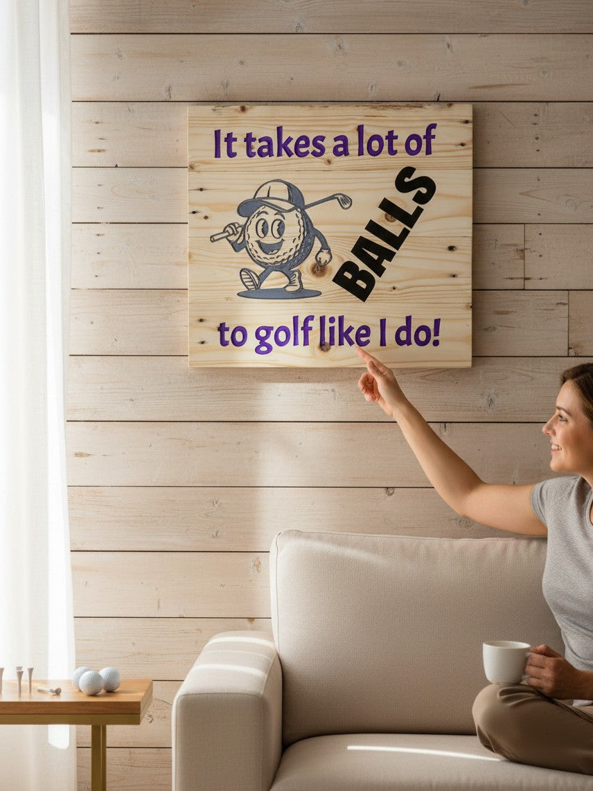 TK Wood Designs rustic wooden golf wall sign with a cartoon golf ball and humorous text hanging in a living room.