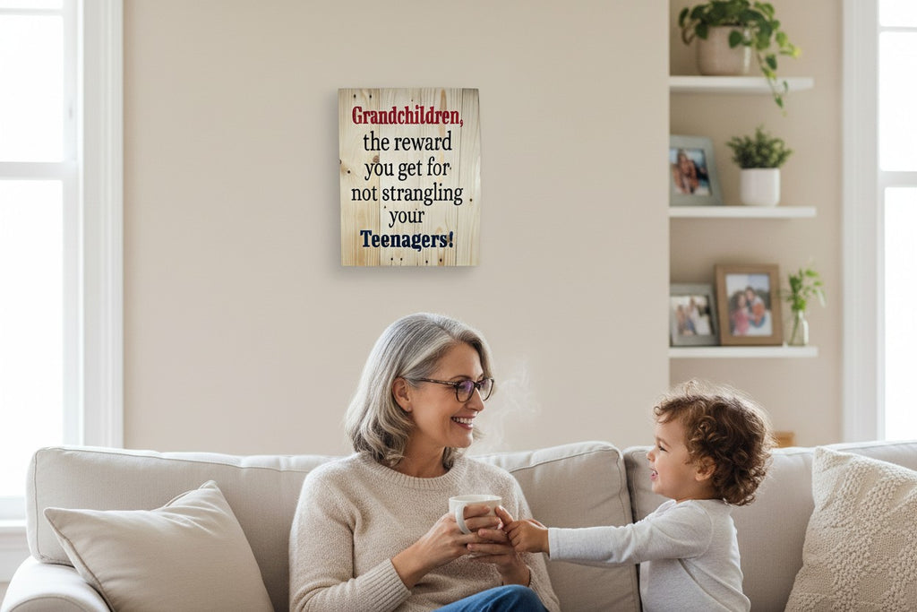 TK Wood Designs rustic wooden wall sign with humorous grandparent quote hanging above a grandmother and grandchild.