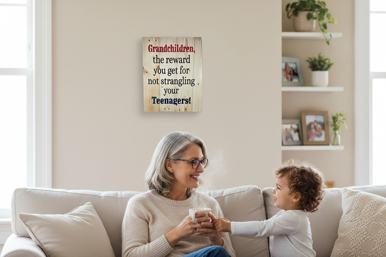TK Wood Designs rustic wooden wall sign with humorous grandparent quote hanging above a grandmother and grandchild.