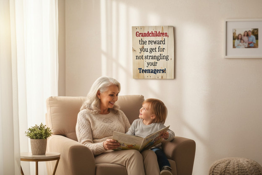 TK Wood Designs rustic wooden wall sign with humorous text hanging above a grandmother reading to her grandchild.