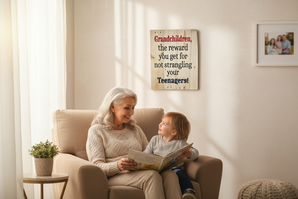 TK Wood Designs rustic wooden wall sign with humorous text hanging above a grandmother reading to her grandchild.