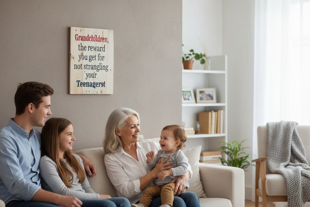 TK Wood Designs rustic wooden wall sign with humorous text hanging in a cozy living room with a happy family.