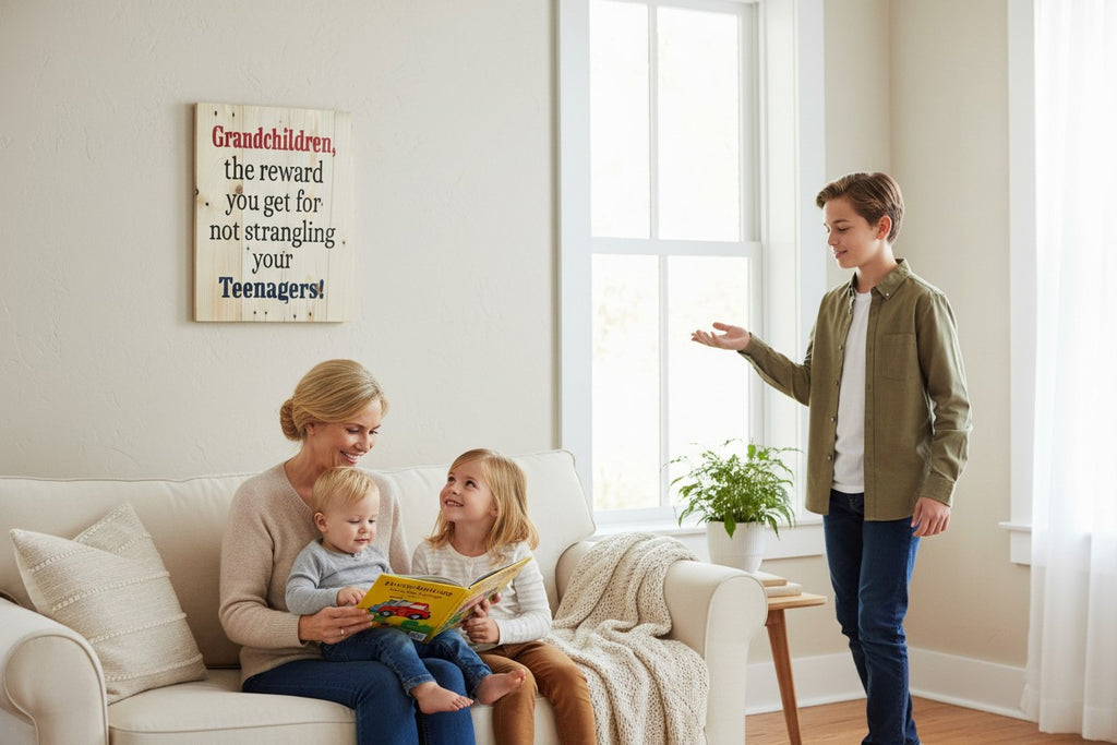 TK Wood Designs rustic wooden wall sign with humorous quote about grandchildren displayed in a cozy living room.