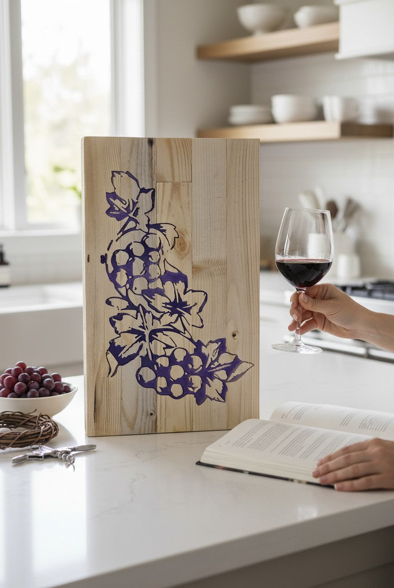 TK Wood Designs rustic wooden sign featuring a carved purple grape cluster and leaves on a light wood plank background.