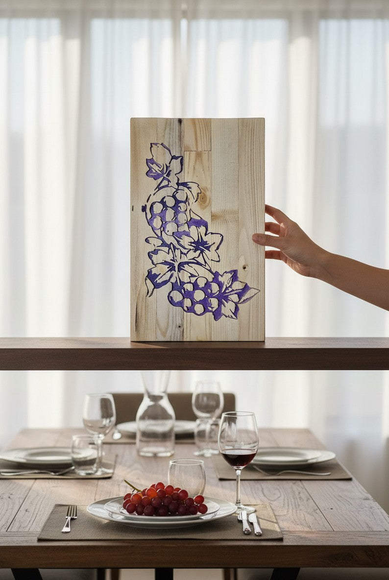 TK Wood Designs rustic wooden sign with carved purple grapes and leaves, natural wood finish.