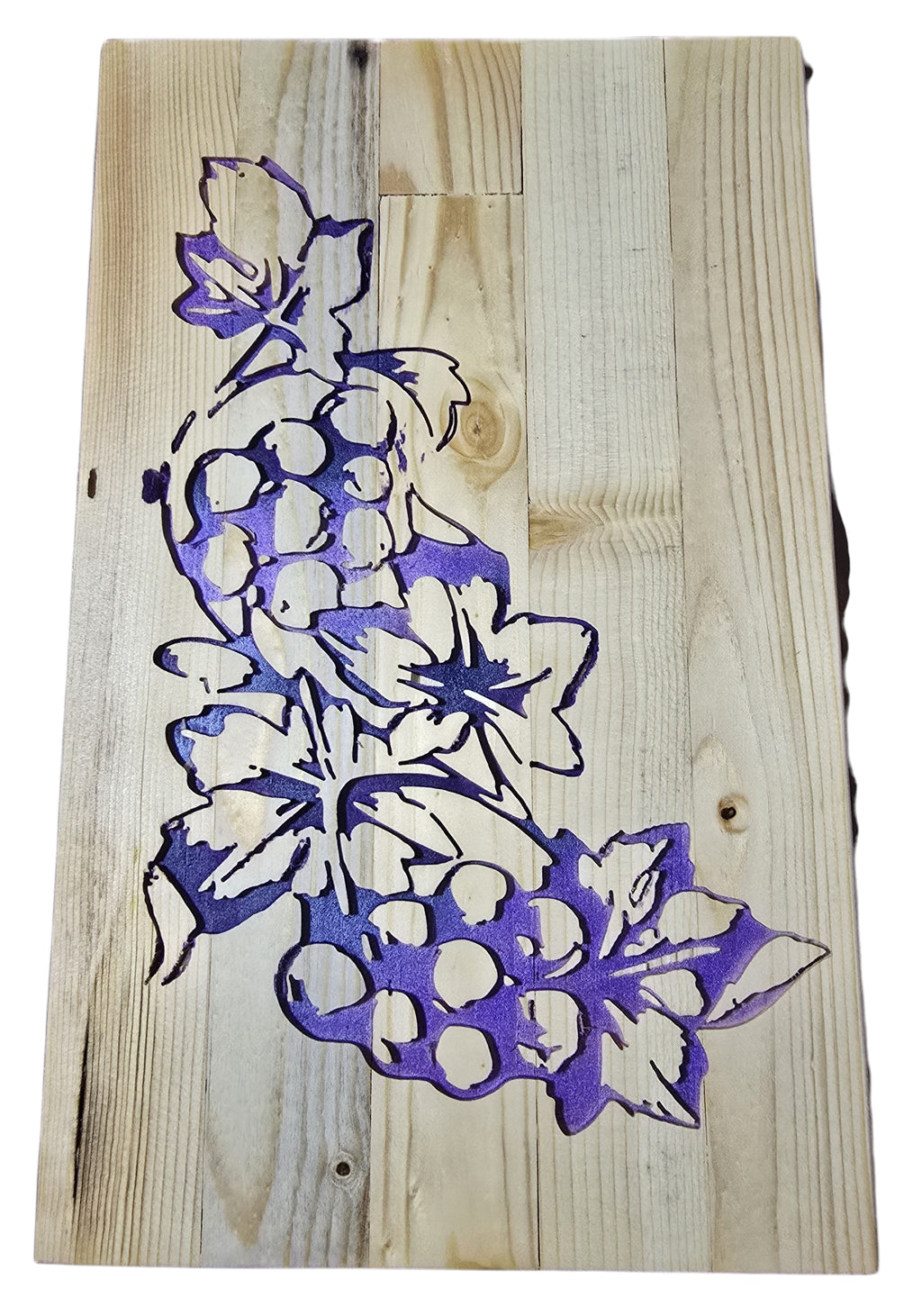 TK Wood Designs handcrafted wooden sign with carved purple grapes and leaves on a light wood background.