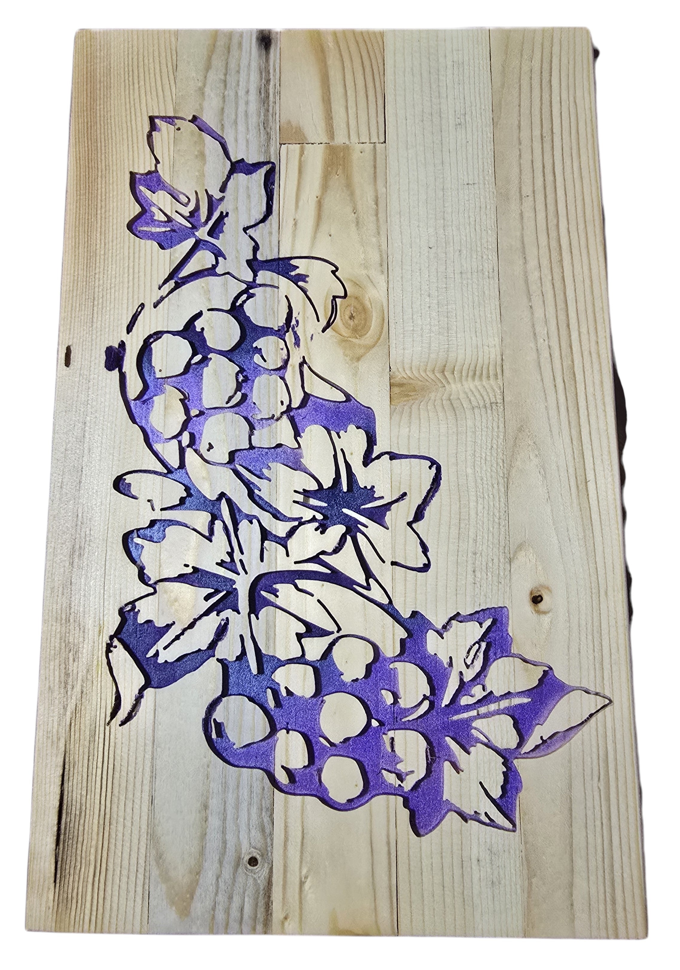 TK Wood Designs handcrafted wooden sign with carved purple grapes and leaves on a light wood background.