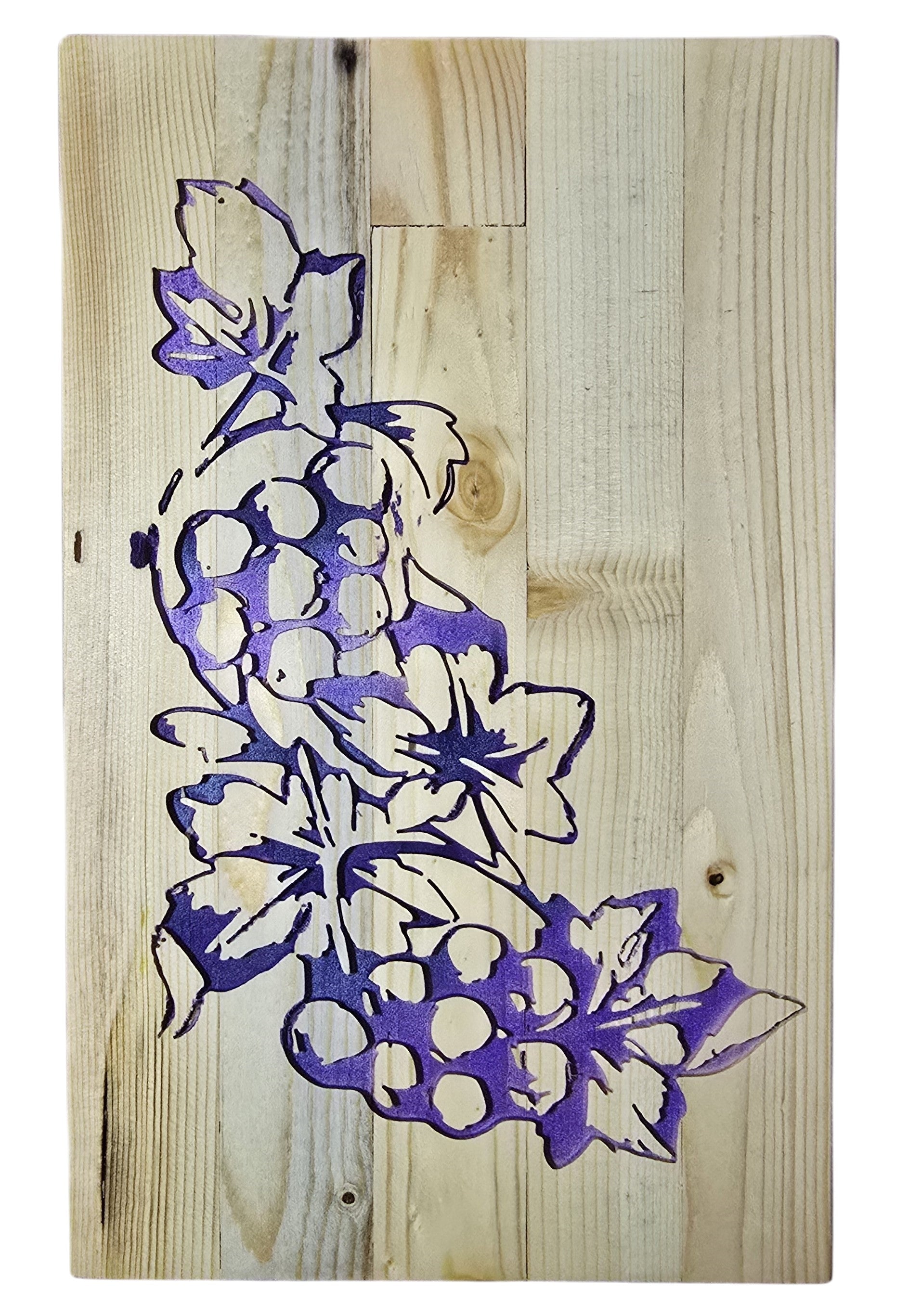 TK Wood Designs rustic wooden sign with carved purple grapes and leaves, natural wood finish.