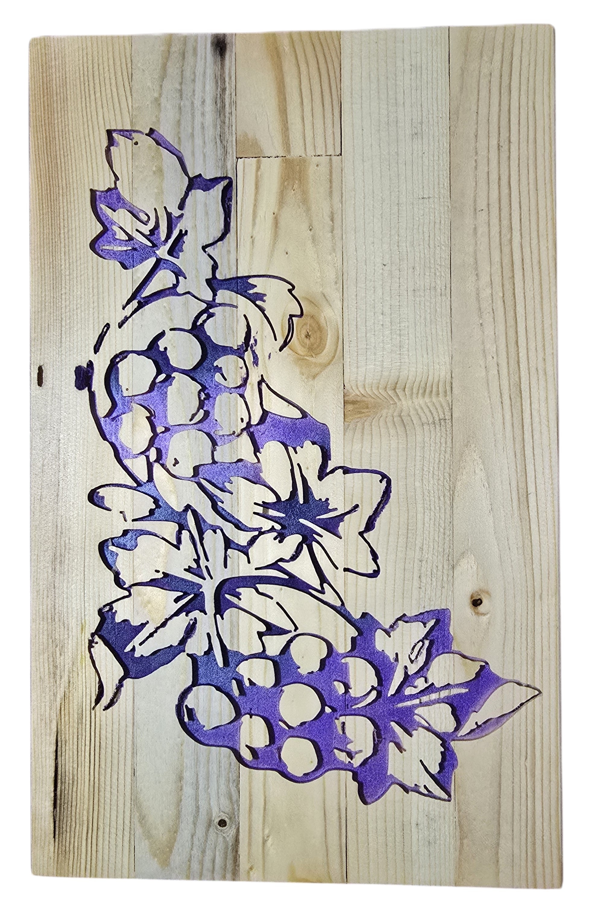 TK Wood Designs rustic wooden sign with carved purple grapes and leaves, perfect for wine cellars or gardens.