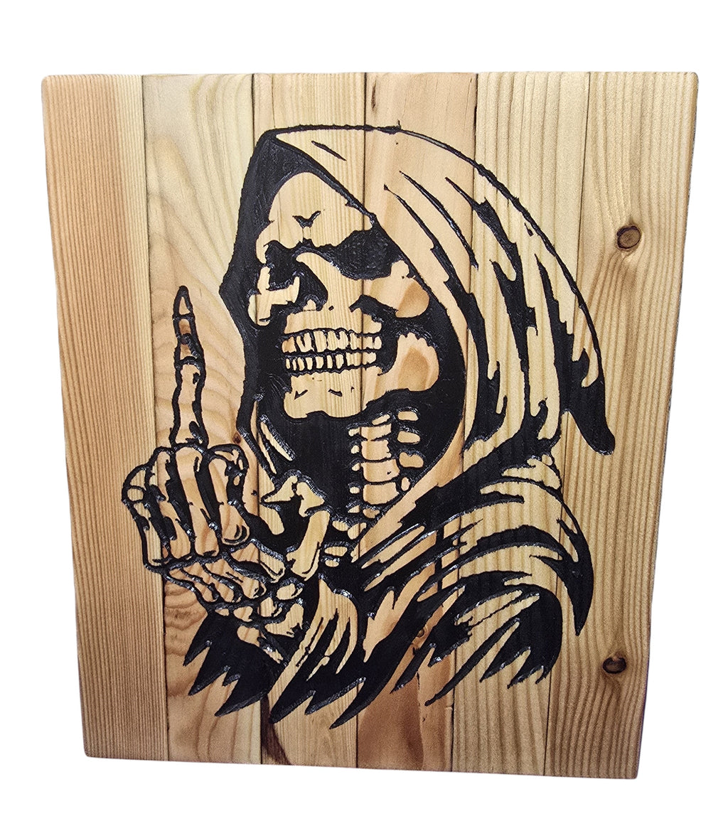 TK Wood Designs Grim Reaper wood wall art with black graphic showing the Grim Reaper giving a number one gesture.