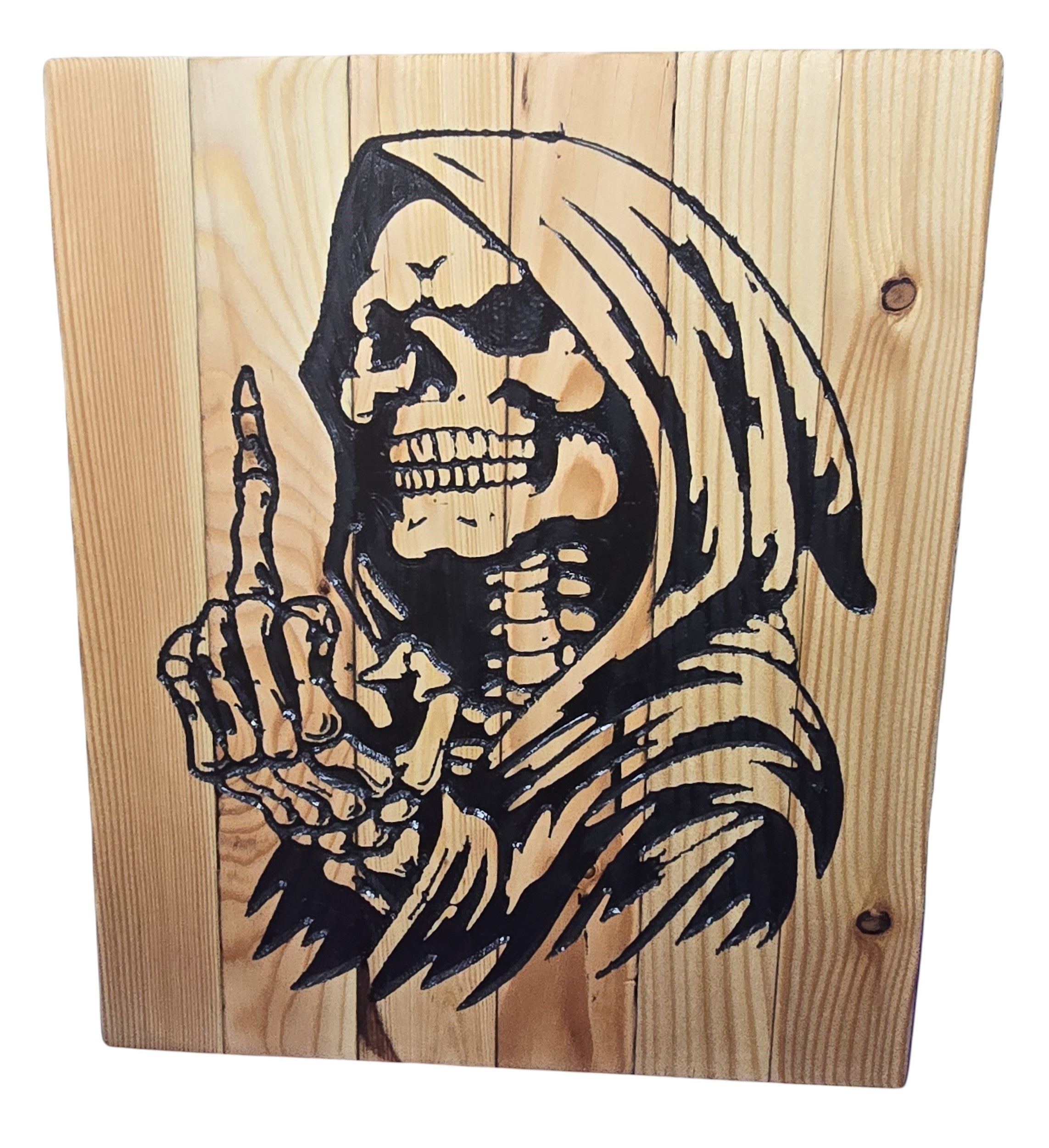 TK Wood Designs Grim Reaper wood wall art with black graphic on natural wood, giving a number one gesture.