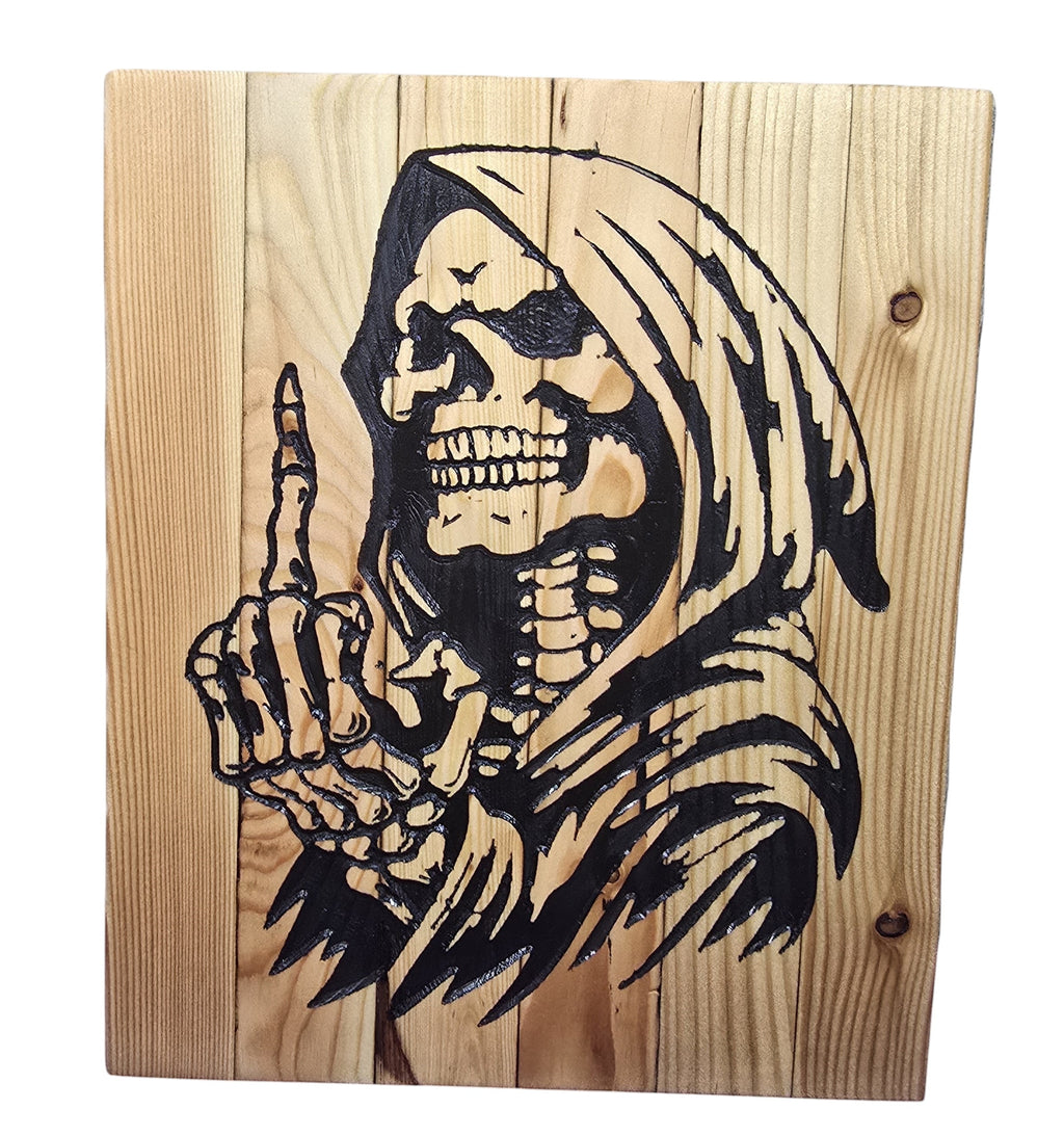 TK Wood Designs Grim Reaper wood wall art with black graphic of skeleton in a hood giving the number one sign.