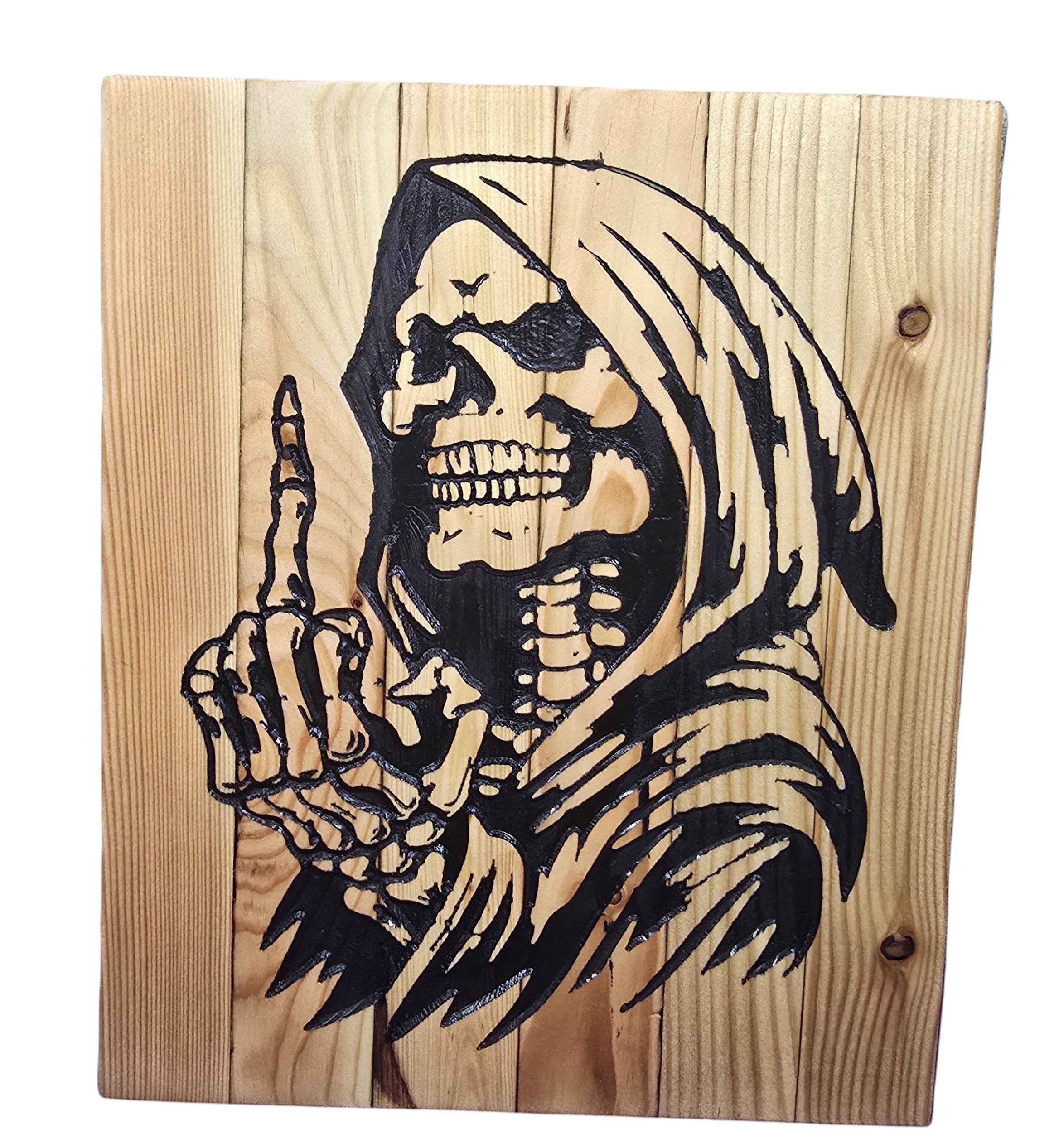 TK Wood Designs Grim Reaper wood wall art with black graphic of skeleton giving the number one sign.