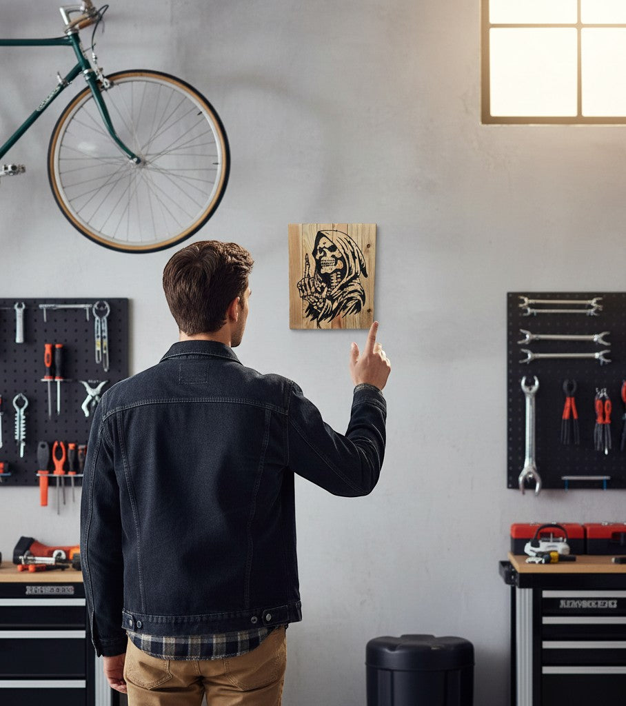 TK Wood Designs Grim Reaper wood wall art with black graphic giving the number one sign, displayed in a garage setting.