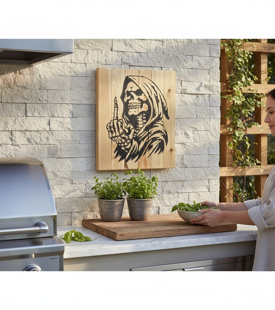 TK Wood Designs Grim Reaper wood wall art with black graphic, giving a number one gesture, on natural wood panel.
