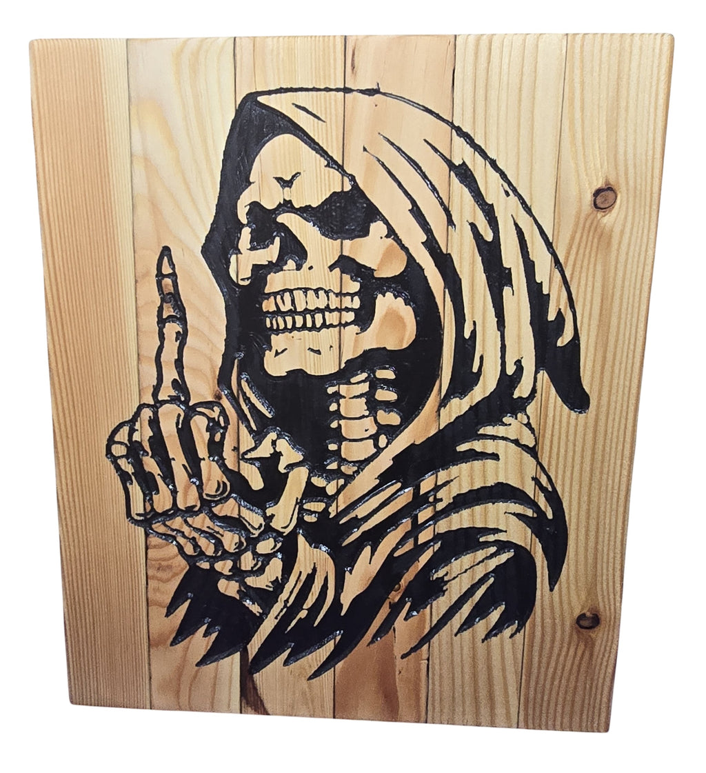 TK Wood Designs Grim Reaper wood wall art with black graphic of skeleton giving number one sign on natural wood planks.
