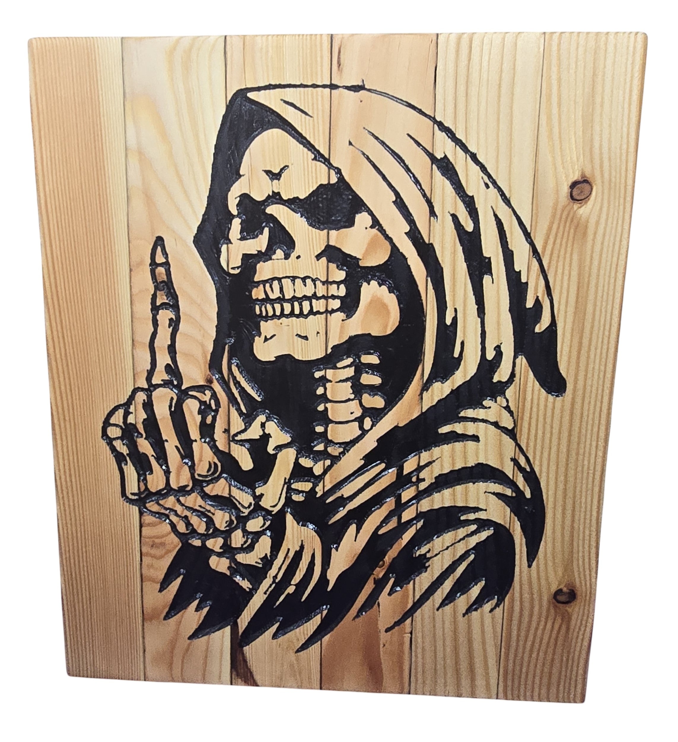 TK Wood Designs Grim Reaper wood wall art with black graphic of skeleton giving number one sign on natural wood planks.