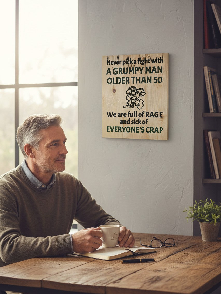 TK Wood Designs rustic wooden wall sign with humorous text about grumpy men over 50 hanging in a cozy home office.