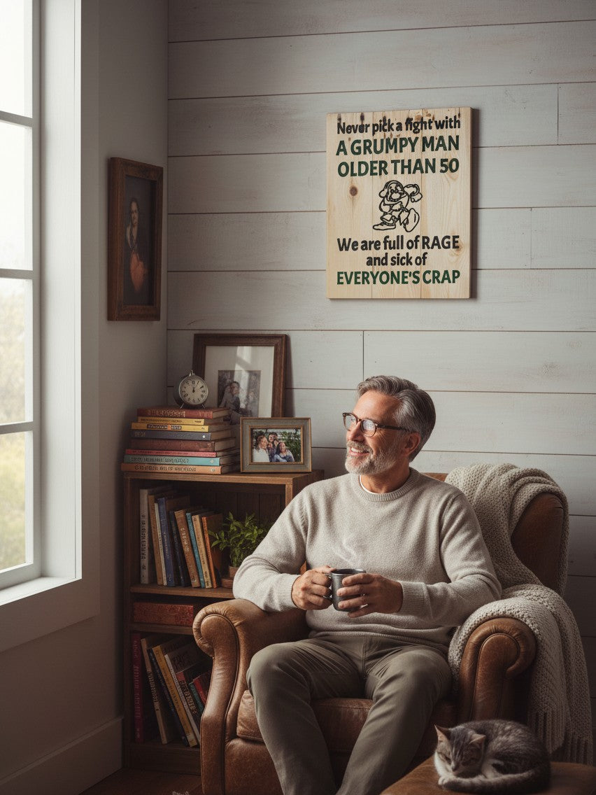 TK Wood Designs rustic wooden wall sign with humorous text about grumpy men hanging in a cozy living room.