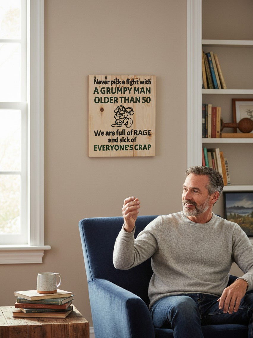 TK Wood Designs humorous wooden wall sign with grumpy man illustration hanging in a cozy living room