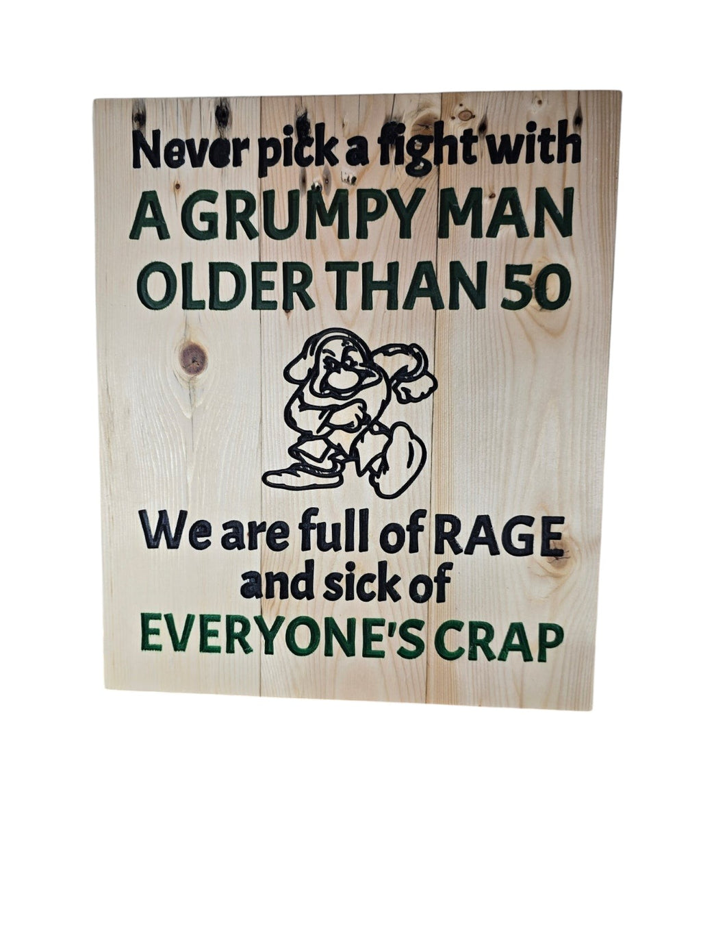 TK Wood Designs rustic wooden wall sign featuring a grumpy character and humorous text for man cave decor.
