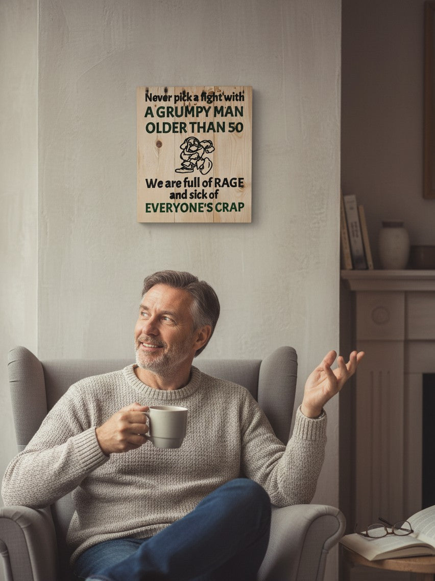 TK Wood Designs humorous wooden wall sign with grumpy man quote hanging above a man sitting in a grey armchair.