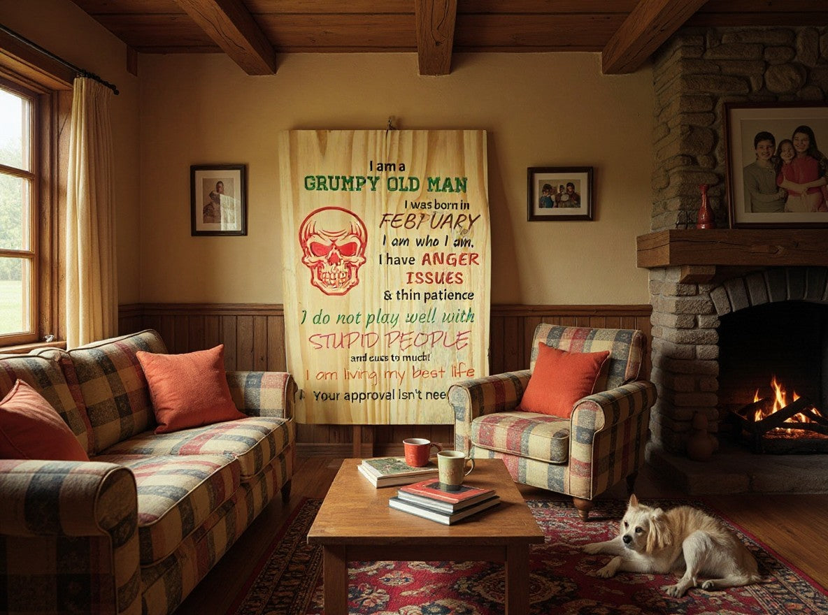 TK Wood Designs rustic live-edge wooden wall sign with Grumpy Old Man text and red skull graphic in a cozy living room