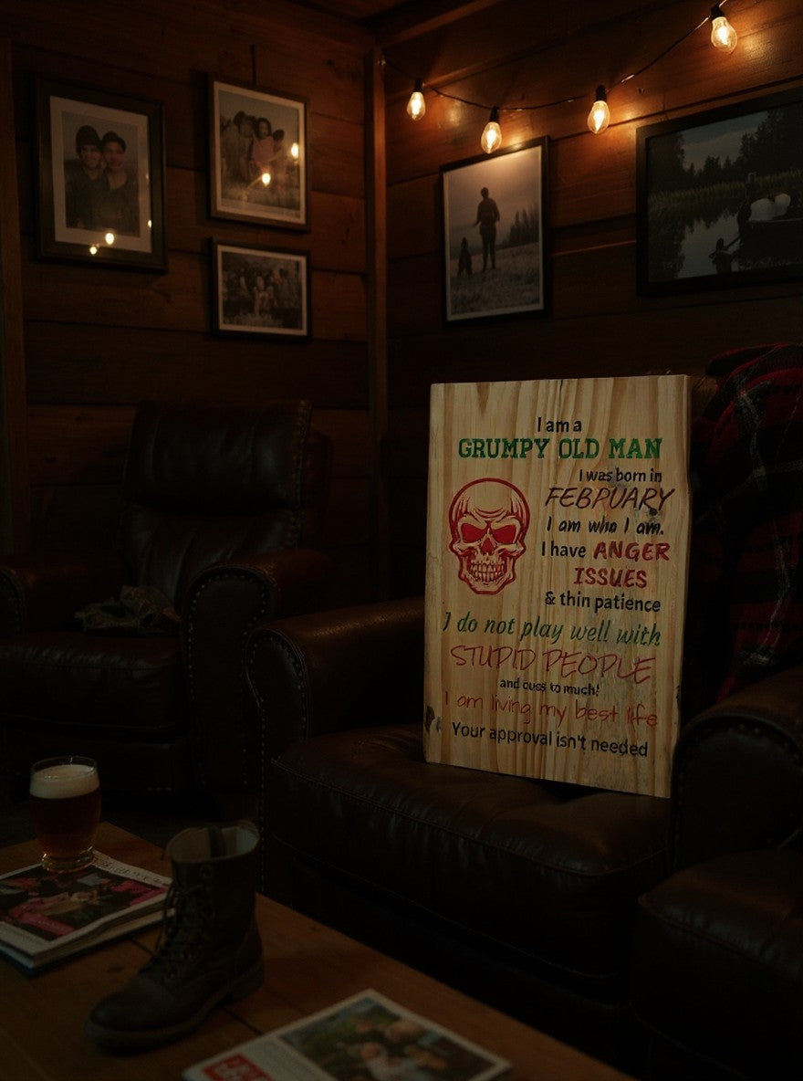 TK Wood Designs rustic wooden wall sign with red skull graphic and humorous text displayed on a leather armchair