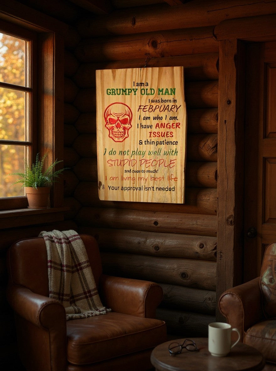 TK Wood Designs rustic wooden wall sign with red skull graphic and humorous Grumpy Old Man text in a log cabin room.
