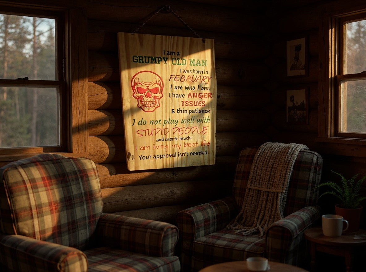 TK Wood Designs rustic wooden wall sign with a red skull graphic and humorous text hanging in a cozy cabin room.